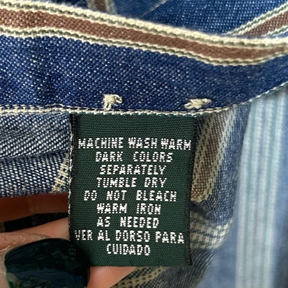 90s Mens Pinstriped Long Sleeve Denim Shirt Band Collar Hunt Club Size XL - Picture 15 of 15